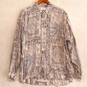 SMASH Mens Long Sleeve Button Shirt Sz.L/Pink-Gray/Floral-Vintage/Rayon/U.S.A